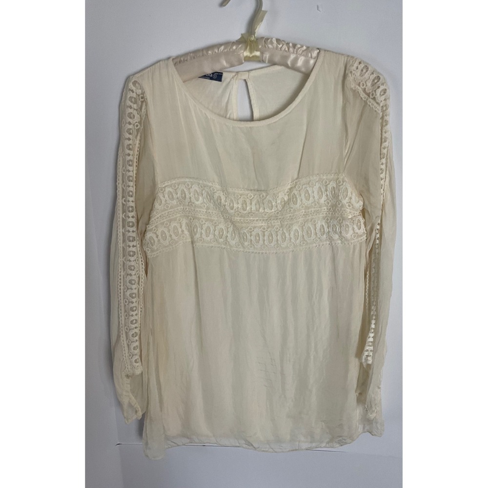 Giulia Cream 100% Silk Lace Trim Blouse Womens Small Made in Italy Boho Top